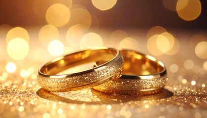 Two gold wedding rings on a glittering background