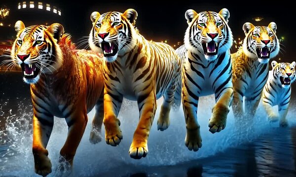 Four tigers running through water at night