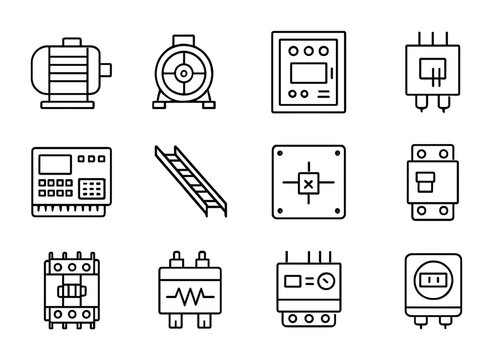 Industrial Electrical Icon Set. Outline icon set of industrial electrical systems: motor, generator, control