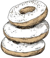 Stacked donuts with white icing.  Hand-drawn style, light brown dough, white icing, and sprinkles