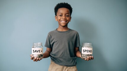 Black kids learning financial literacy, toddler studying budget planning and savings money for the future at home, banner with clean background, AI generated