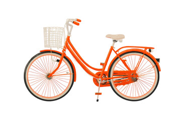Side view of an orange children's bicycle with a cream-colored basket and seat