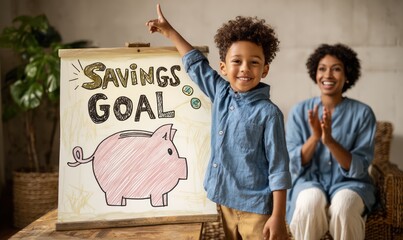 Black kids learning financial literacy with their parents, toddler studying budget planning and savings money for the future at home, AI generated