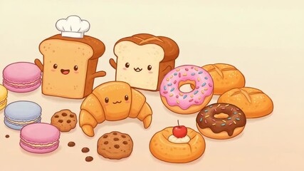 Cute cartoon baked goods arranged on a pastel backdrop - Powered by Adobe