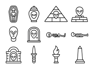 Alien Burial Icons. Outline icon set of alien burial sites: sarcophagus, urn, pyramid, burial mask, tomb door,