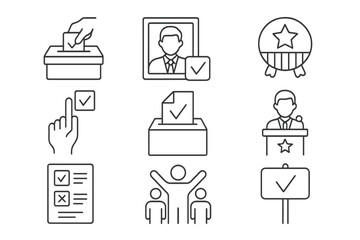 Election and voting thin line icon set. Politics, democracy, and government symbols. Vote, ballot box, candidate, debate, and campaign concepts. Vector for web, apps, infographics.