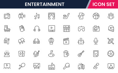 Entertainment vector line icons featuring music, movies, theater, games, concerts, cameras, tickets, popcorn, stages, and fun activities symbols.