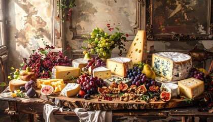 Cheese and fruit platter on rustic table