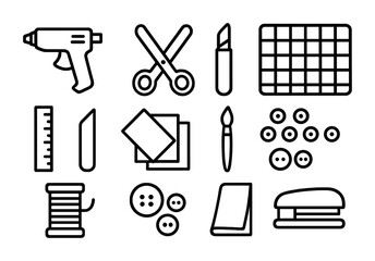 Fototapeta premium Craft Workshop Icons. Outline icon set of craft workshop: hot glue gun, scissors, craft knife, cutting mat,