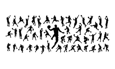 Basketball Player Silhouettes Collection Sports Vector Poses in Action, Dunk, Dribble, Shooting and Training, easily editable.