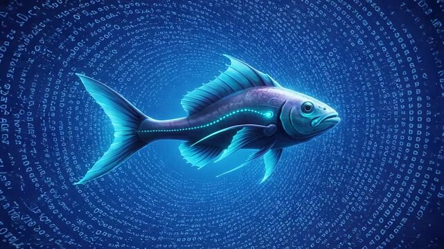 Digital fish swimming through binary code background