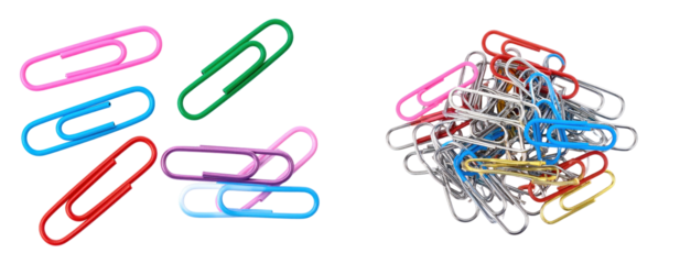 Colorful Paperclips Scattered and Clustered Against a White Background Showing Variation in Hue and Arrangement for Office Stationery Purposes