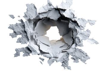 A close-up view of a precise hole punched through a light-gray material, causing a radiating, fragmented pattern.  The hole's center is dark, contrasted against the surrounding, broken edges