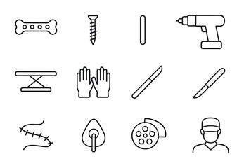 Obraz premium Surgical Tools Icon Set. Outline icon set of surgical bone repair: bone plate, screw fixation, metal rod,