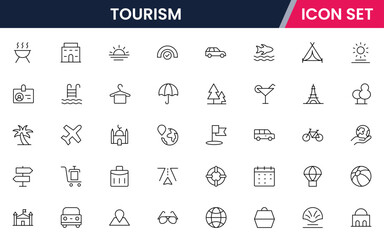 Tourism vector line icons featuring landmarks, airplanes, suitcases, maps, hotels, cameras, travel guides, beaches, and sightseeing activities symbols.