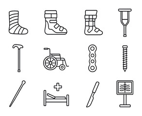 Obraz premium Orthopedic Icons Grid. Outline icon set of orthopedic treatment: plaster cast, walking boot, orthopedic brace,