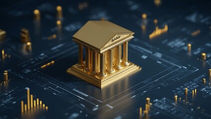 Golden bank building on digital circuit board with financial data