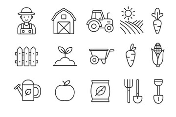 Farming and agriculture line icon set. Farm, garden, harvest concepts. Farmer, tractor, barn, field, crop, food, organic vegetable, fruit. Outline vector illustration.