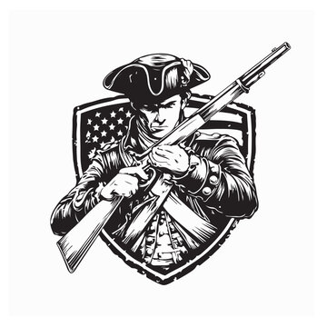 American Patriot Militia with Musket Retro Vector Illustration on white background