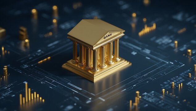 Golden bank building on digital circuit board with financial data