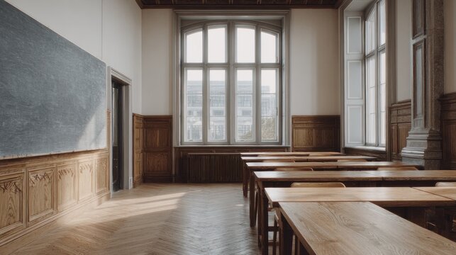 Vintage classroom interior bathed in soft light, showcasing aged wooden desks