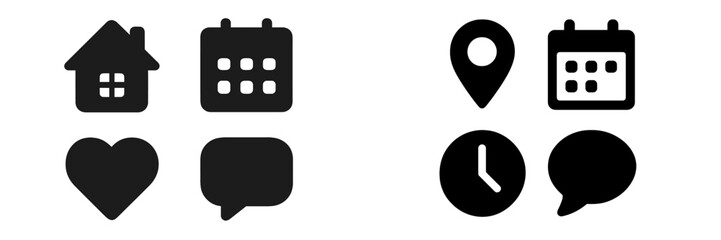 Various black icons representing home, calendar, location, heart, clock, and chat on a white background in a minimalistic style