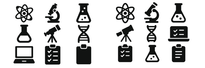 Science icons representing various fields of study and research tools commonly used in laboratories and education