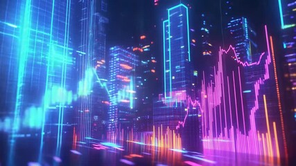 Glowing financial charts overlaying futuristic cityscape at night - Powered by Adobe
