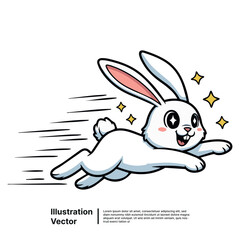 A happy and cute white bunny leaping forward with speed lines and sparkles in a cartoon style