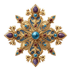 Ornate golden cross-shaped emblem, detailed with jewel tones and decorative flourishes