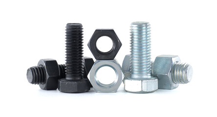 Various metal bolts and nuts on a white background, showcasing various mechanical components.