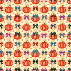 Hand drawn pumpkins and ribbon bows seamless pattern. Autumn harvest seamless background with pumpkins and bows. Festive pumpkin seamless pattern with colorful ribbons