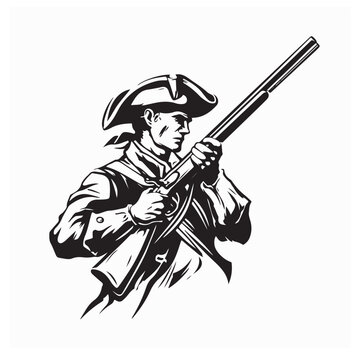 Vintage American Revolutionary Soldier Holding Musket on white background