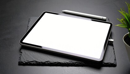 Blank Screen Tablet Mockup with Stylus on Dark Slate Base