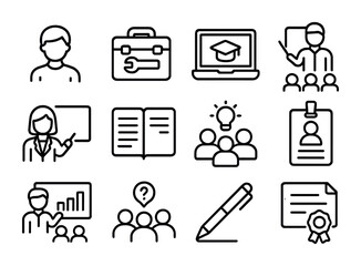 Student Skills Icon Set. Outline icon set of students attending skill-building events: student, toolkit,