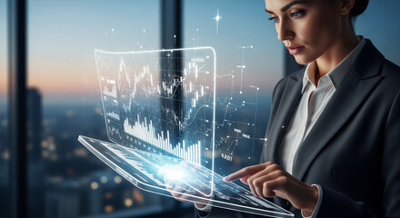 A businesswoman analyzes complex financial data on a futuristic, transparent holographic tablet, representing innovation in financial technology.