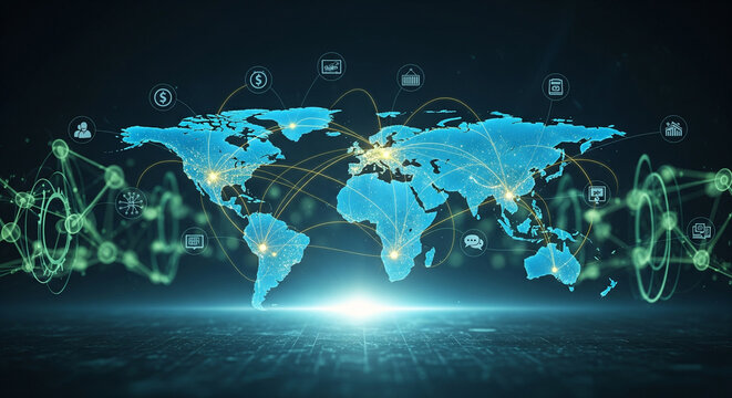A digital world map with interconnected glowing nodes, illustrating global business networks, communication, and technology's worldwide reach.