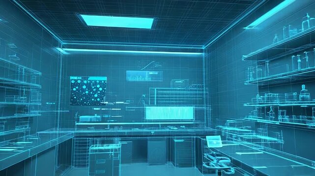 Futuristic wireframe laboratory showing scientific equipment and data visualization