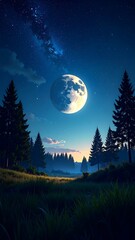 Night scene, moonlit forest