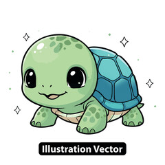 Cute cartoon turtle illustration, adorable reptile with a happy smile and sparkling eyes