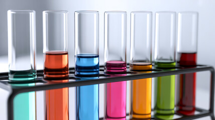 A close-up photograph of multiple glass test tubes arranged in a black metal rac