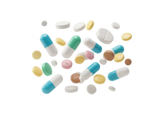 Assorted colorful pills and capsules isolated on transparent background