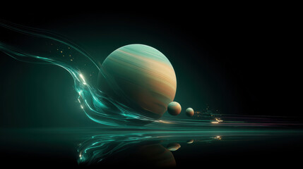 Surreal digital artwork of large striped planet with two smaller moons gliding over reflective surface with glowing teal light trails in dark space setting