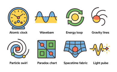 Colorful Quantum Concepts. Flat vector mini-illustrations quantum time theories in colors children's
