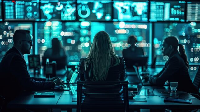 Business team gathered in modern high-tech conference room analyzing data dashboards with futuristic UI to explore emerging trends in social commerce and live shopping across markets globally.