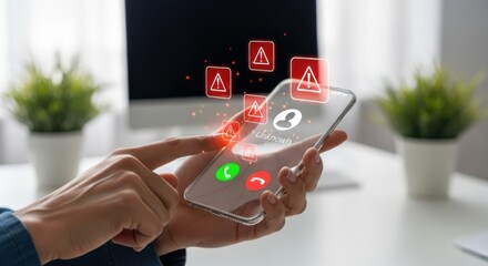 A hand holding a smartphone displays an incoming call from an unknown number with warning icons, indicating a scam or spam call