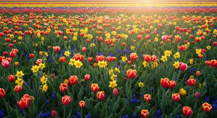 Rows of Red, Yellow, and Purple Flowers Under a Sunny Sky