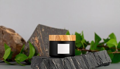 Black Balm Jar with Wood Lid on Slate Rocks and Greenery