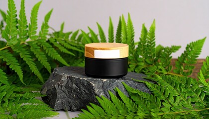 Black Balm Jar with Wood Lid on Slate Rock Surrounded by Ferns