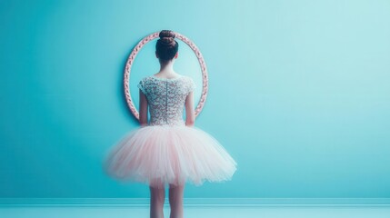 Surreal self-portrait of a ballerina in brainrot meme mirror
